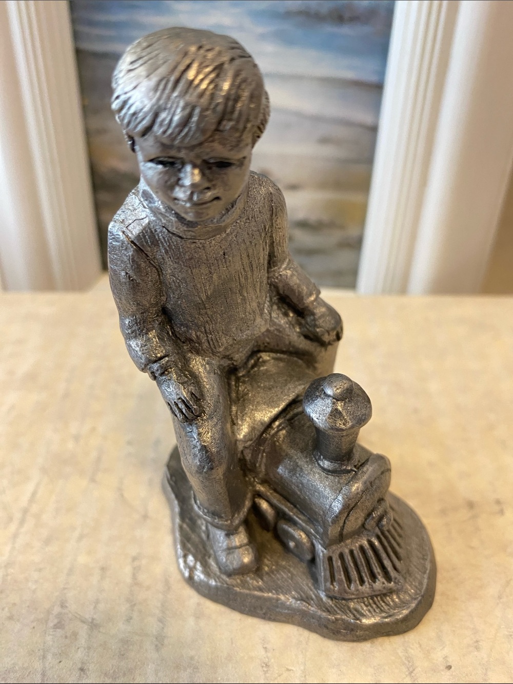 VTG MICHAEL RICKER PEWTER BOY SITTING ON A TRAIN #6698 1980’s